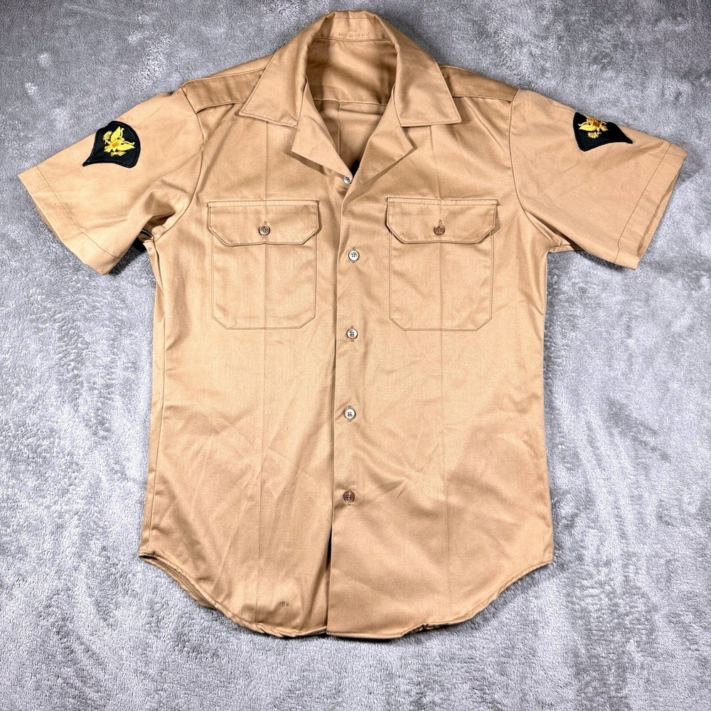 US Army Military‎ Uniform Shirt Mens Small Tan Short Sleeve Button Front